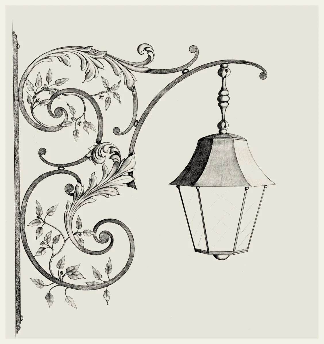 Dessin au crayon d'une potence de lanterne en fer forgé, volutes et feuilles d'acanthe