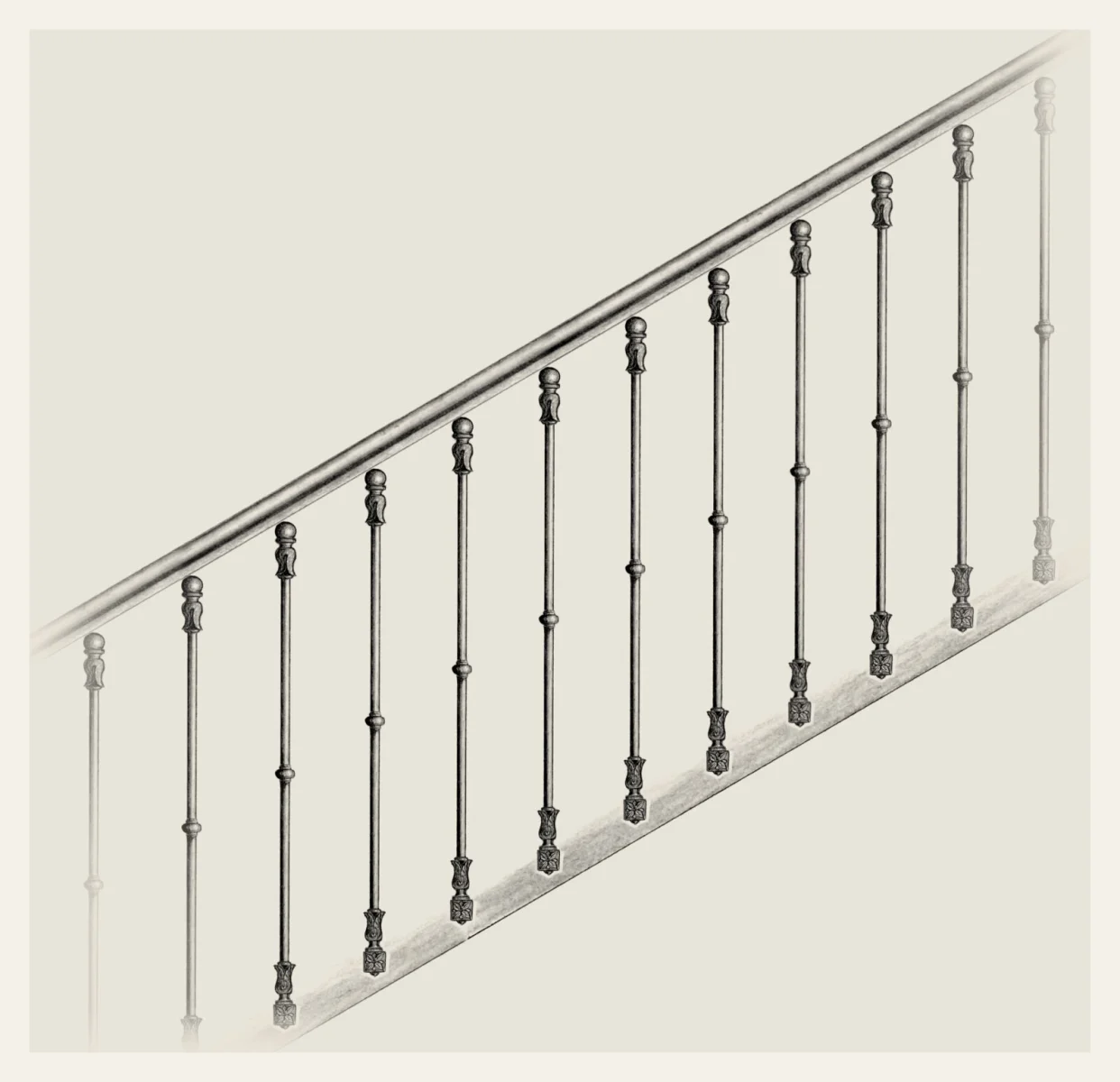Dessin au crayon d'une rampe d'escalier en fer forgé à balustres ornés
