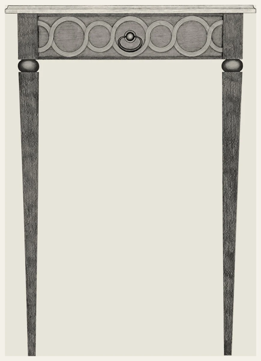 Dessin d'une table basse en fer forgé au plateau de marbre, esprit art déco